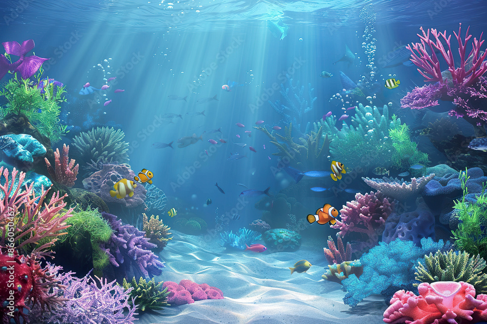 Fototapeta premium A colorful underwater scene with a variety of fish swimming around, generative ai image.