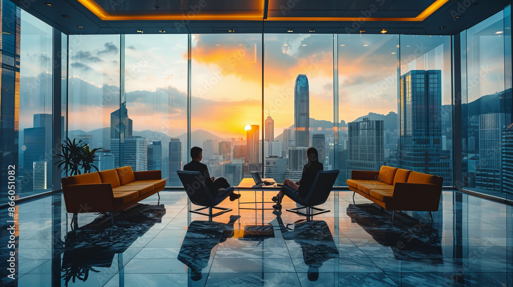Fototapeta premium Two people sit in a modern office with a panoramic city skyline view at sunrise, discussing business strategies.