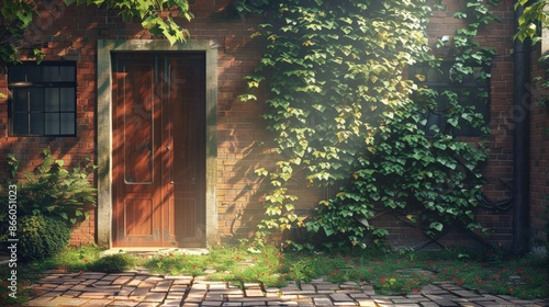 Sunny brick wall with wooden door, ivy climbing, and cobblestone path creating a serene and inviting outdoor atmosphere.