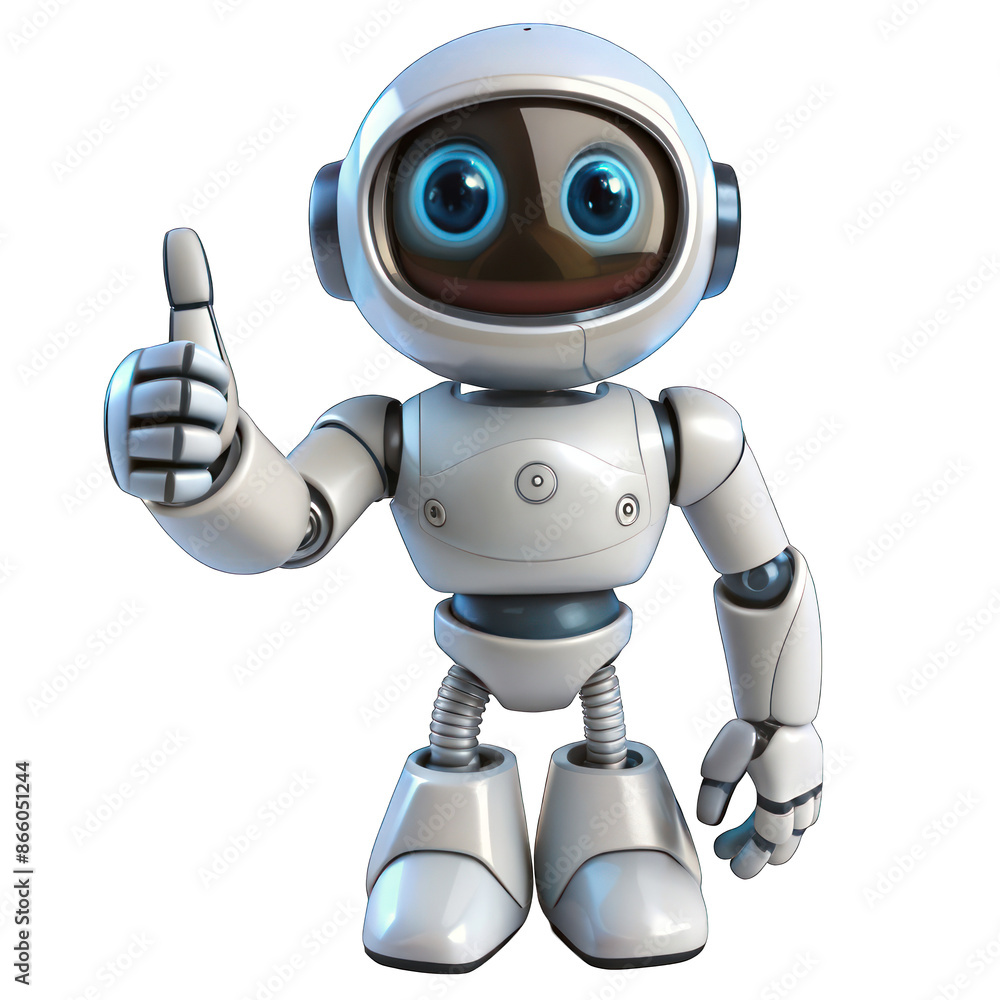 Friendly robot giving thumbs up portrait isolated on transparent background Friendly robot giving thumbs up portrait isolated on transparent background