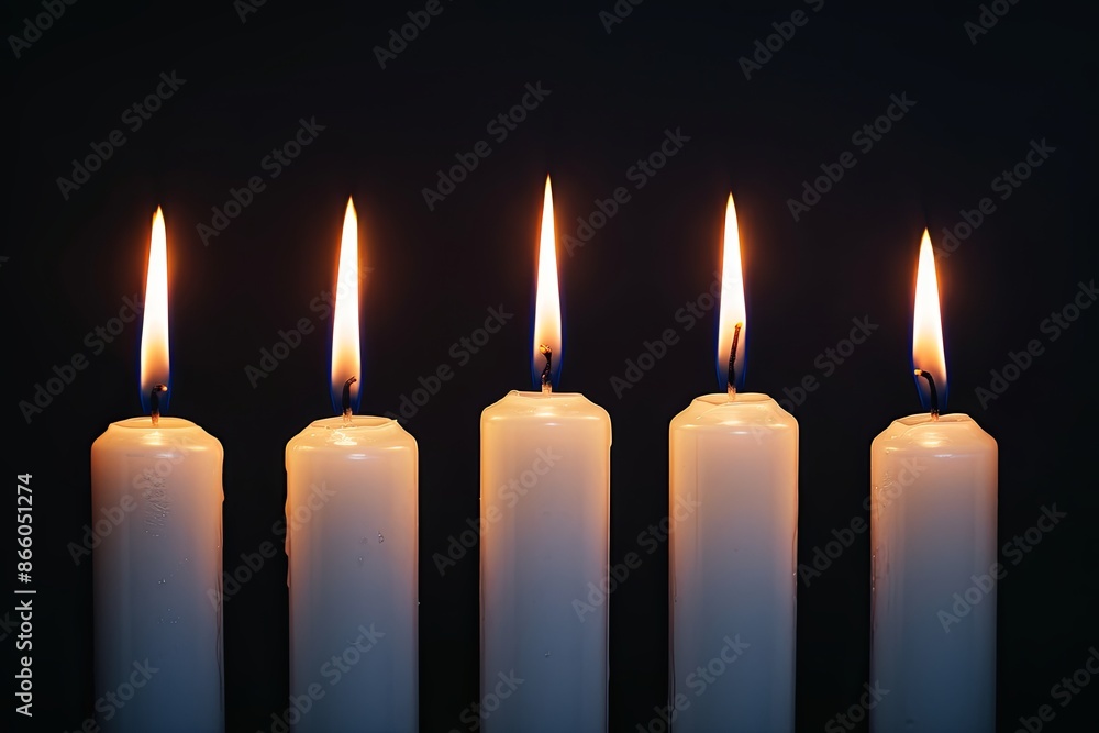 Five burning white candles on black background. Concept of memory, mourning, grief, loss, hope, or faith. Five burning white candles on black background. Concept of memory, mourning, grief, loss, hope, or faith.
