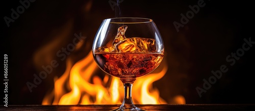 Image of a brandy snifter over a flame with room for text, representing strong alcoholic beverages. with copy space image. Place for adding text or design