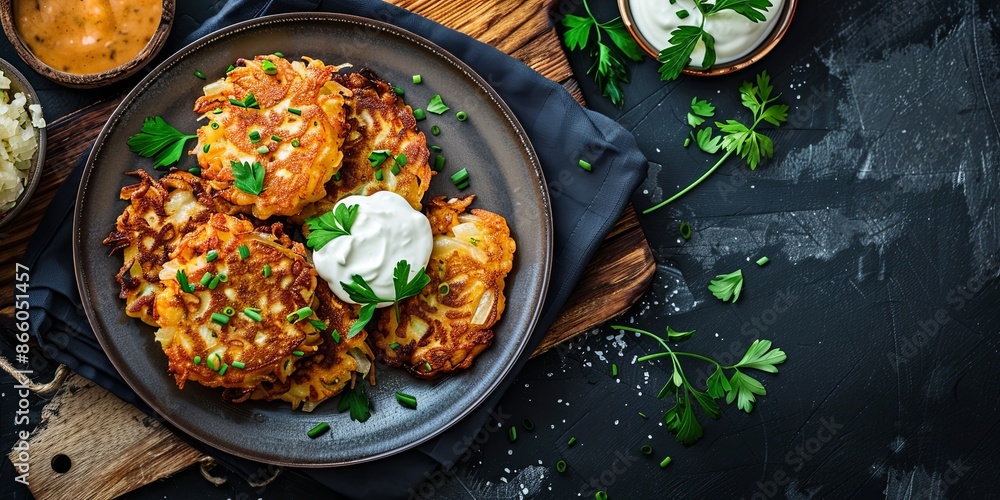 Crispy Potato Pancakes with Sour Cream and Herbs. A Delicious Homemade Meal Crispy Potato Pancakes with Sour Cream and Herbs. A Delicious Homemade Meal