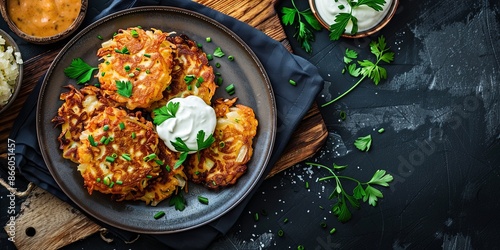 Crispy Potato Pancakes with Sour Cream and Herbs. A Delicious Homemade Meal