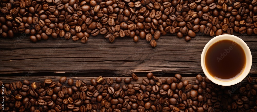 Fototapeta premium A top view of a laptop on a wooden surface beside an iced coffee and coffee beans, creating a rustic composition with available copy space image.