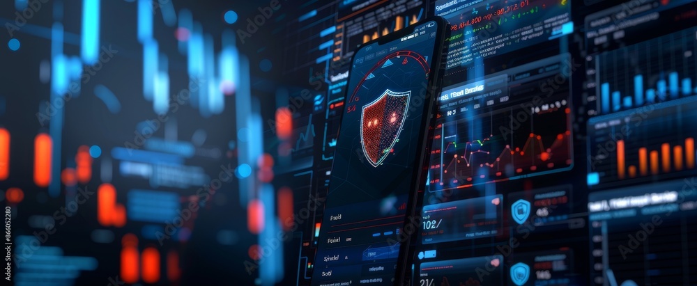 Obraz premium authentication login or cybersecurity fingerprint and secure online connection of professional trading or financial personal electronic banking account, wide futuristic