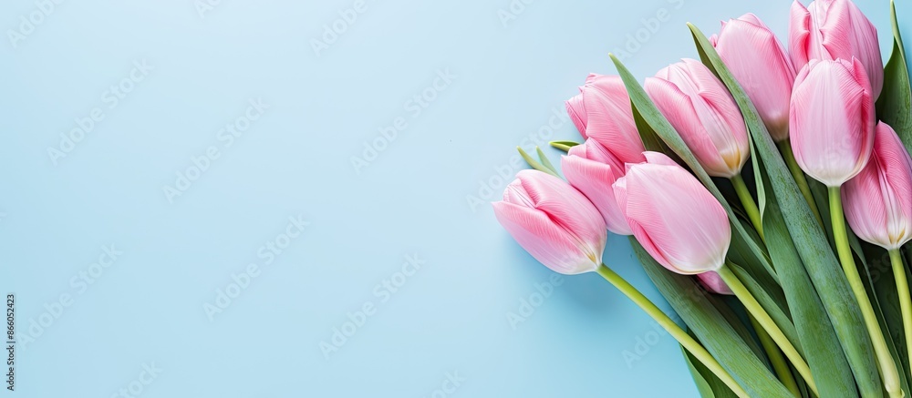 Bi-color pink tulip bouquet on a baby blue background for Women's Day or Mother's Day. Close-up top view with a copy space image, in a flat lay style. Bi-color pink tulip bouquet on a baby blue background for Women's Day or Mother's Day. Close-up top view with a copy space image, in a flat lay style.