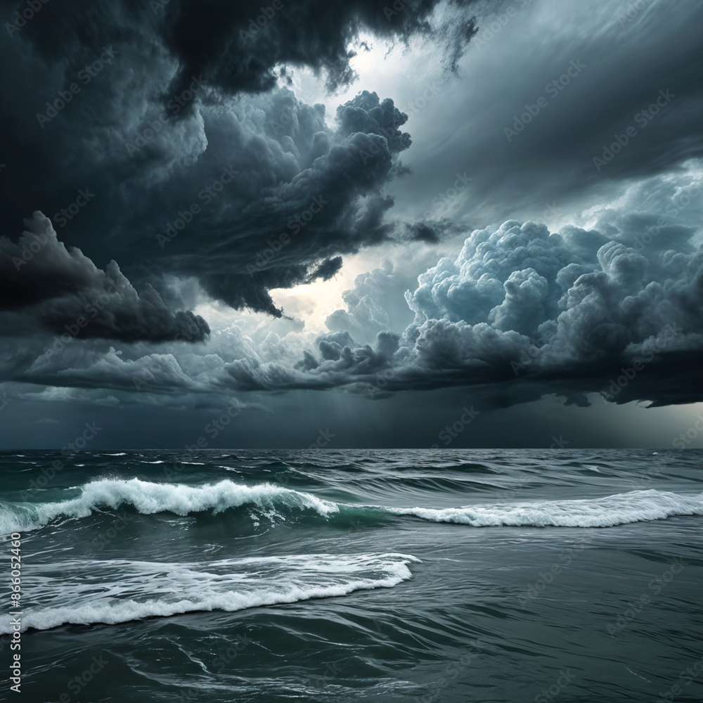 Fototapeta premium A stormy sky above a calm, reflective ocean, symbolizing internal struggle and external calm