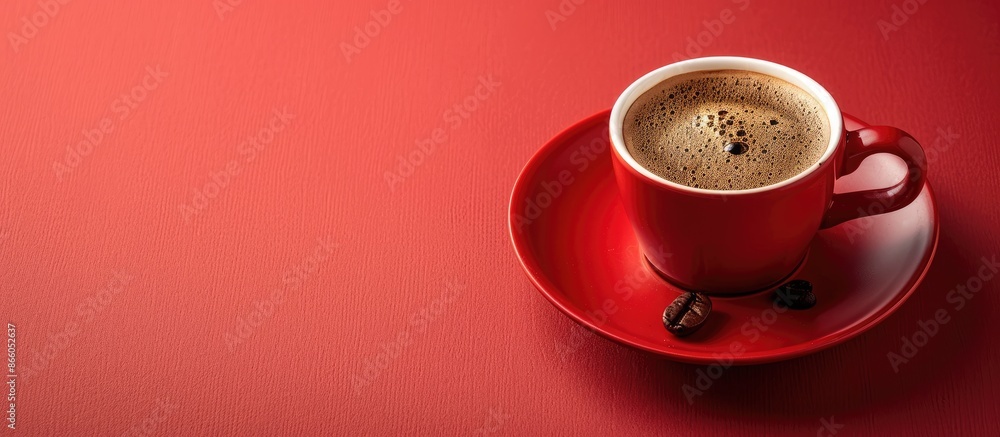 A delicious cup of coffee with a vibrant red color, placed elegantly with a blank background providing space for text or design in the image. with copy space image. Place for adding text or design A delicious cup of coffee with a vibrant red color, placed elegantly with a blank background providing space for text or design in the image. with copy space image. Place for adding text or design