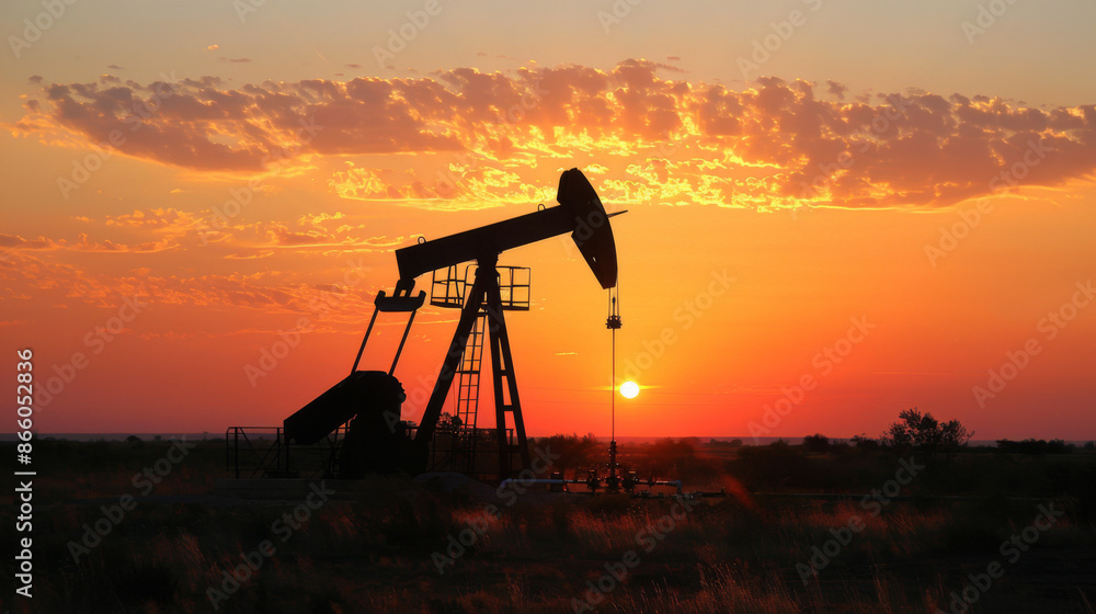 Naklejka premium Silhouette of an oil pumpjack against a dramatic sunset sky, with orange and yellow hues highlighting the scene.