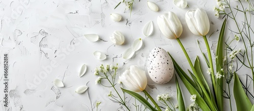 Easter-themed flat lay with a chic egg and tulip arrangement on a rustic white surface, featuring a copy space image. Includes a natural green egg and spring flower setup for a greeting card.