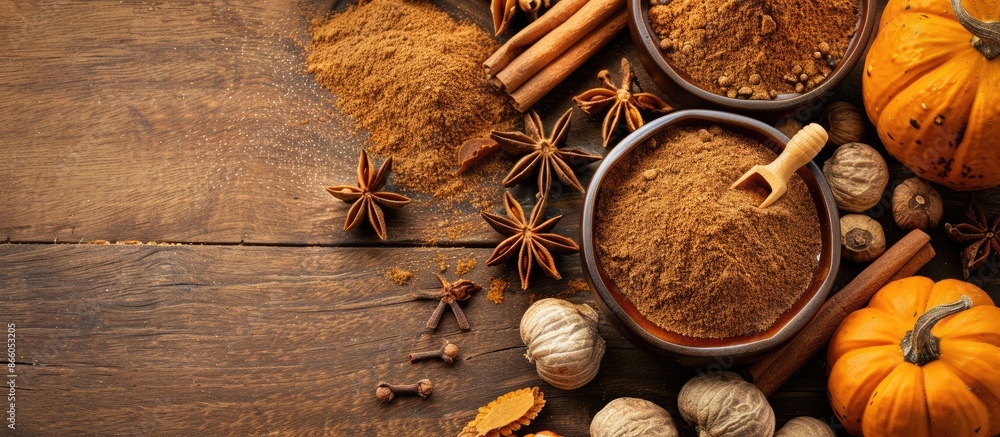 Essential spices for pumpkin spice include cinnamon, nutmeg, allspice, clove, and ginger with copy space image. Essential spices for pumpkin spice include cinnamon, nutmeg, allspice, clove, and ginger with copy space image.