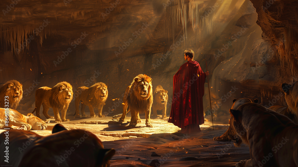 Daniel in the Lions' Den. This powerful illustration depicts the biblical scene of Daniel in the lions' den. Daniel in the Lions' Den. This powerful illustration depicts the biblical scene of Daniel in the lions' den.