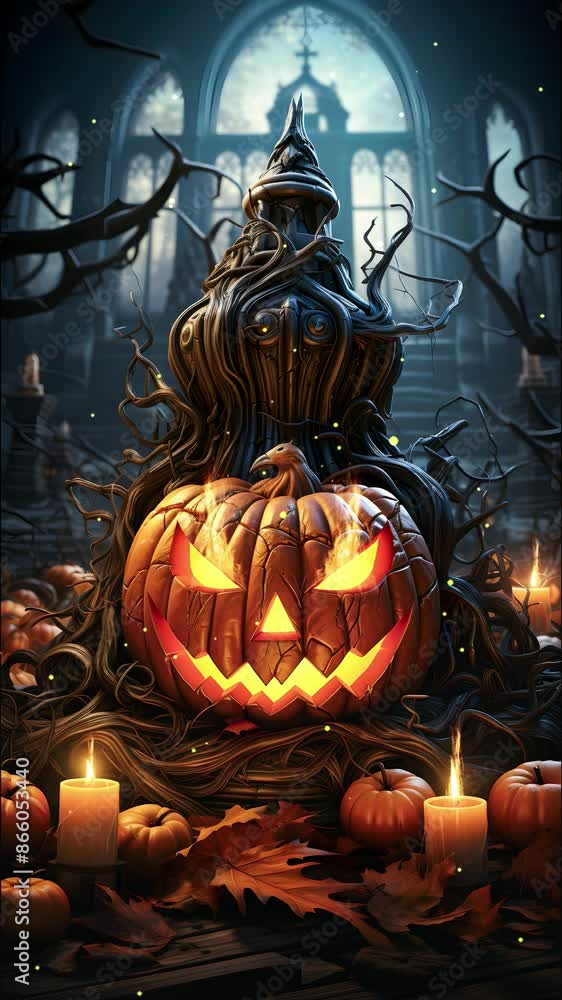 Halloween background with evil pumpkin and candles in spooky environment. Banner background concept for Halloween holiday event. Halloween background with evil pumpkin and candles in spooky environment. Banner background concept for Halloween holiday event.