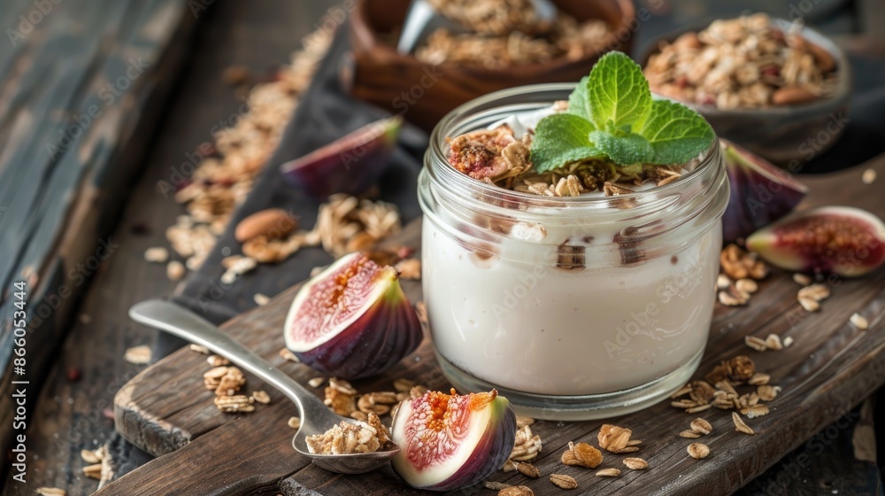 Healthy Breakfast with Homemade Yogurt Figs and Cereal in Glass Jar Healthy Breakfast with Homemade Yogurt Figs and Cereal in Glass Jar