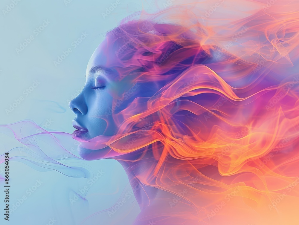 Surreal digital artwork of a serene woman's face with vibrant, colorful abstract swirls blending into the background. Surreal digital artwork of a serene woman's face with vibrant, colorful abstract swirls blending into the background.