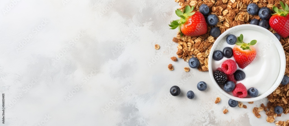 Fresh granola and muesli with yogurt and berries on a marble background in a top view, with space for adding text or images. with copy space image. Place for adding text or design Fresh granola and muesli with yogurt and berries on a marble background in a top view, with space for adding text or images. with copy space image. Place for adding text or design