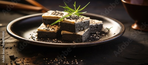 Black sesame tofu displayed...