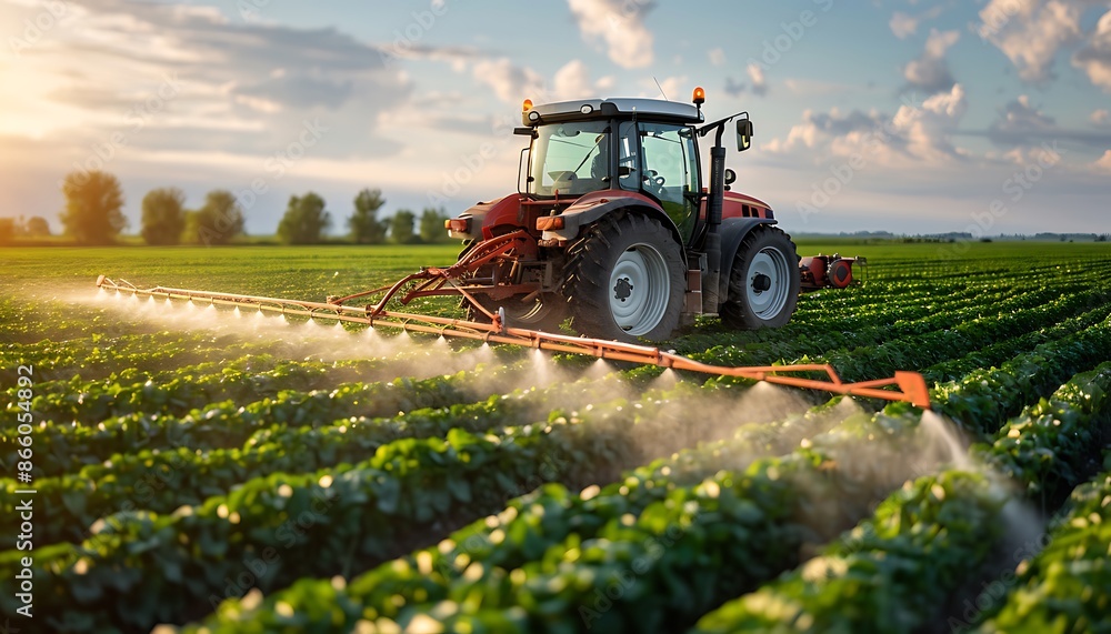 Obraz premium Tractor spraying pesticides on soybean field with sprayer at spring
