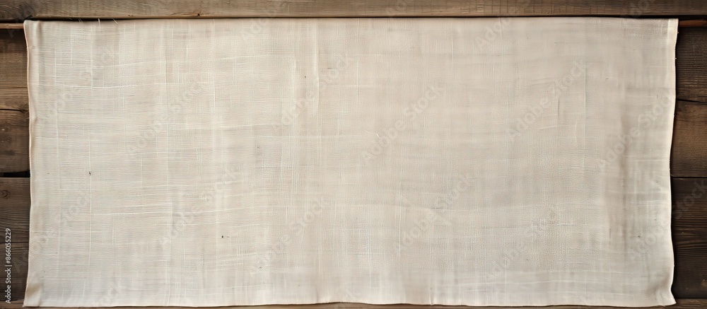 Fototapeta premium Vintage linen fabric frame on wooden backdrop with copy space image