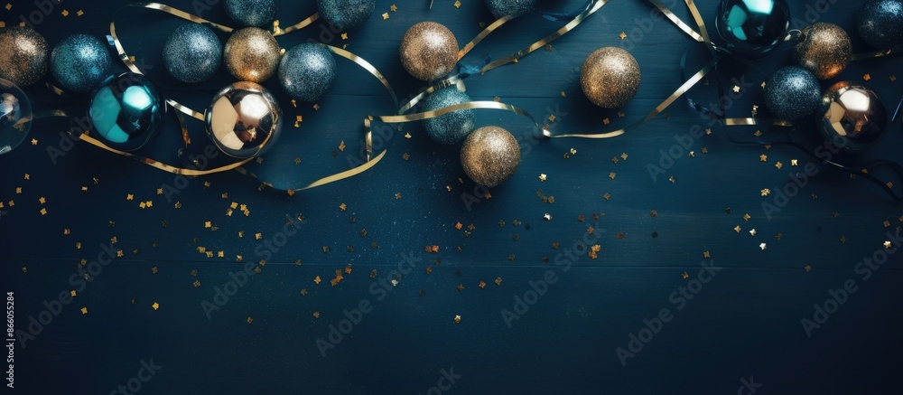Naklejka premium A view from above of champagne and disco balls for New Year on a navy blue background with ample copy space image.