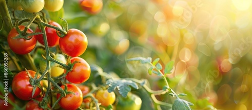 Fresh and healthy organic tomatoes growing in a garden on a farm, providing vibrant colors and rich flavors, ideal for copy space image.