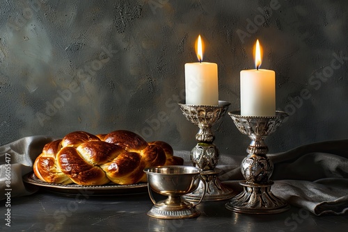 Shabbat Shalom. Challah bread, candlesticks, and kiddush cup on a table. Celebrating the Jewish Sabbath.