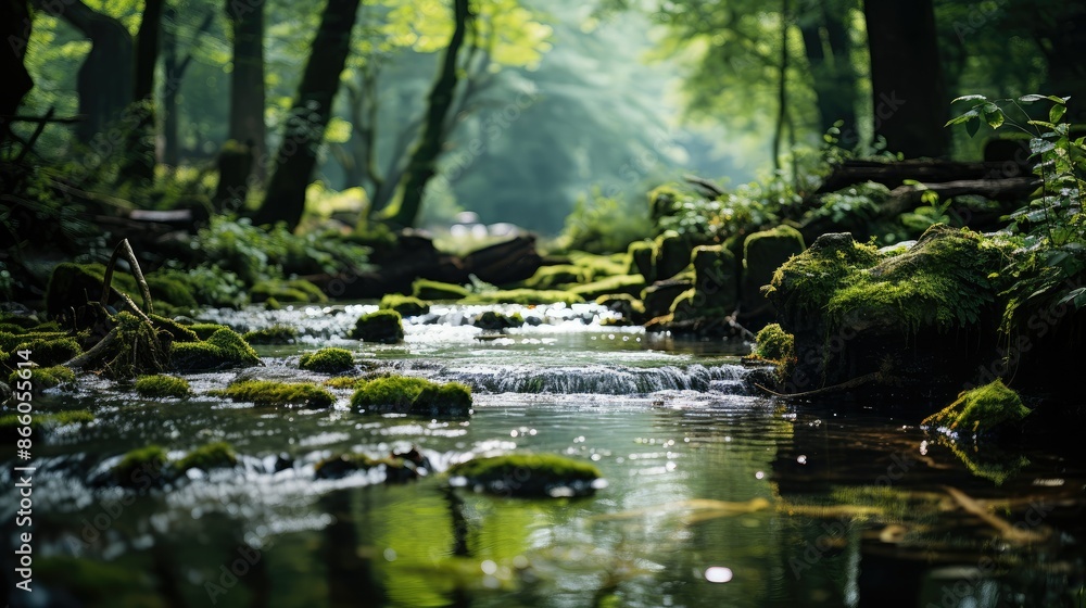 Defocused waterfall in lush green forest Defocused waterfall in lush green forest