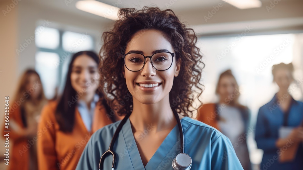Fototapeta premium A young female doctor is standing in a hospital corridor