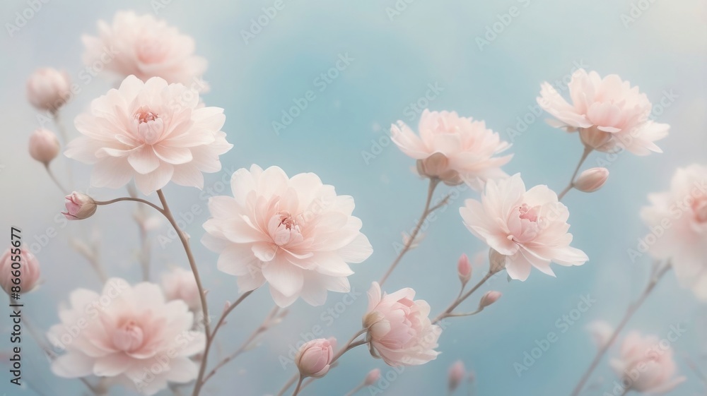 Unique flowers in a soft, cloud-like setting, rendered in soft digital paintings Unique flowers in a soft, cloud-like setting, rendered in soft digital paintings