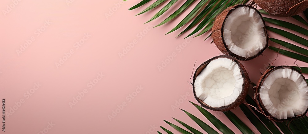 Summer-themed retro background with coconut, palm leaves on pastel pink. Vintage 80s or 90s fashion vibe, tropical fruit concept, and room for a picture. with copy space image Summer-themed retro background with coconut, palm leaves on pastel pink. Vintage 80s or 90s fashion vibe, tropical fruit concept, and room for a picture. with copy space image