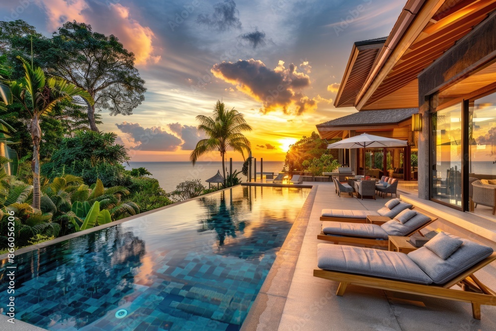 Fototapeta premium Luxury House Pool. Tropical Villa with Open Living Room and Garden View by the Pool