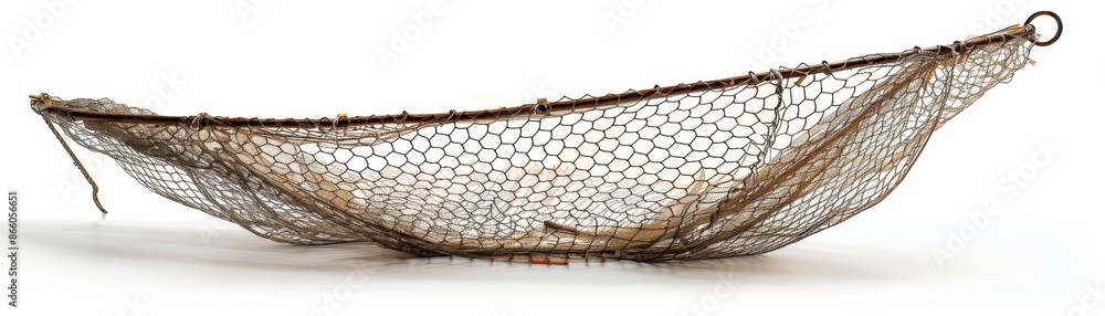 A fishing net is laying on a white background A fishing net is laying on a white background