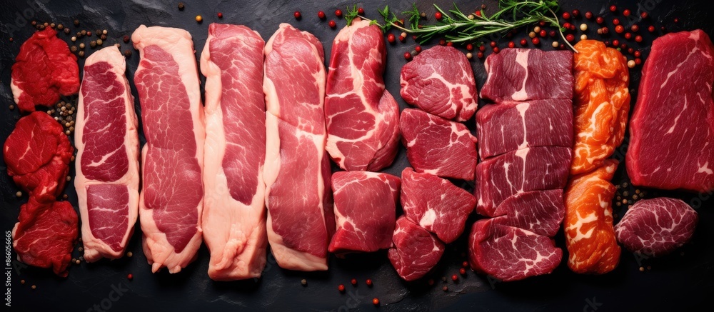 Assorted seasoned raw meat on a dark backdrop in a top-down view with room for a copy space image. Assorted seasoned raw meat on a dark backdrop in a top-down view with room for a copy space image.