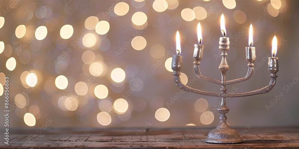 Silver menorah with lit candles for Hanukkah celebration. Jewish holiday concept with traditional symbol and bokeh lights. Silver menorah with lit candles for Hanukkah celebration. Jewish holiday concept with traditional symbol and bokeh lights.