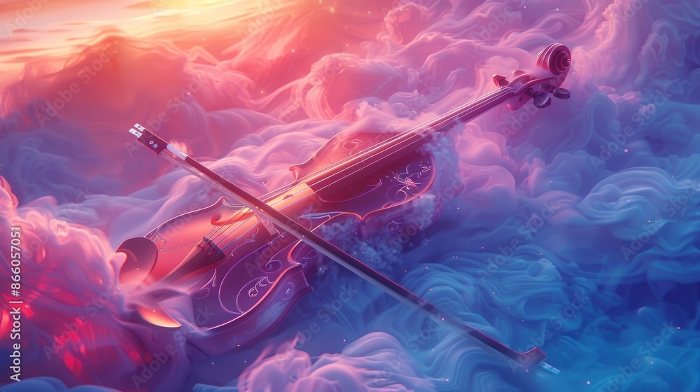 A violin floating in a colorful, magical atmosphere with glowing lights.
