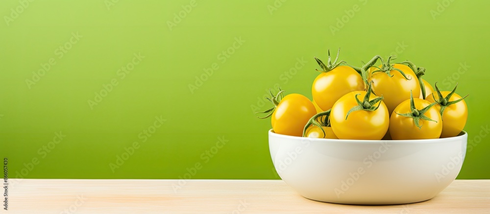 Yellow tomatoes in a white bowl on a green background with copy space image. Yellow tomatoes in a white bowl on a green background with copy space image.
