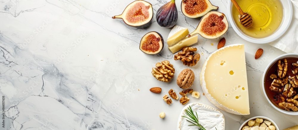 View from above of a variety of cheeses, figs, nuts, and honey at the corner of a white marble background, ideal for a banner with copy space image. View from above of a variety of cheeses, figs, nuts, and honey at the corner of a white marble background, ideal for a banner with copy space image.