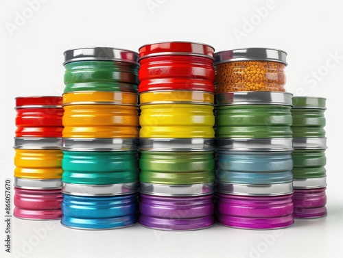 A stack of colorful cans with different colors and sizes