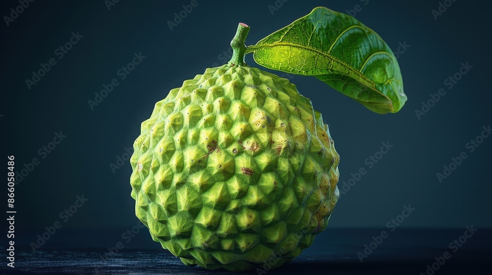 Fresh Cherimoya is a tropical fruit, with a leafy, dark background ...