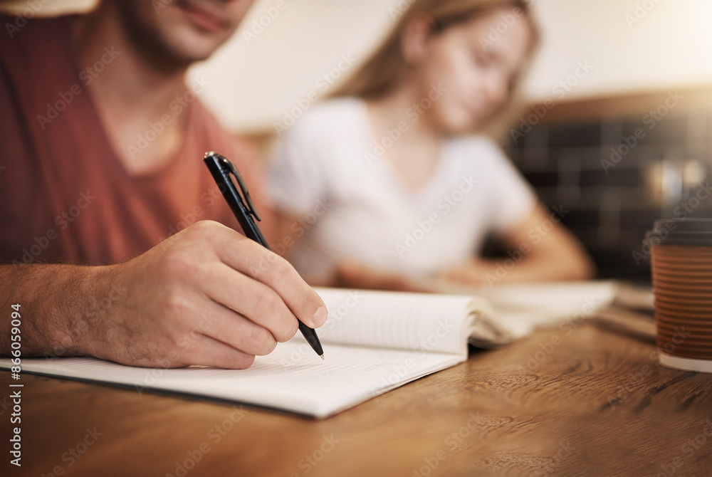 Man, student and write with hand in cafe, notebook and university homework for ideas or assignment brainstorming. Education, knowledge and academic planning for exam, studying and learn with pen Man, student and write with hand in cafe, notebook and university homework for ideas or assignment brainstorming. Education, knowledge and academic planning for exam, studying and learn with pen