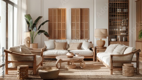 Cozy warm Living room with wooden woven furniture Generative AI