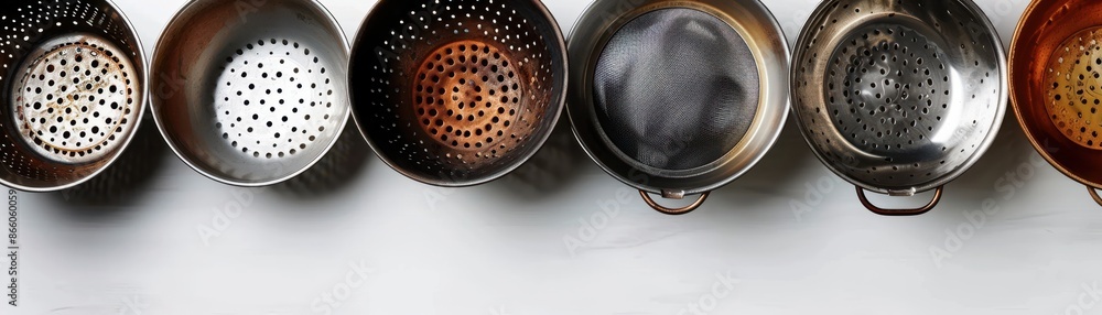 A row of old metal bowls with holes in them A row of old metal bowls with holes in them