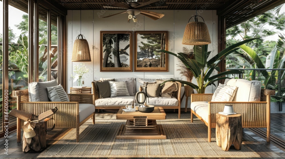 Fototapeta premium Cozy warm Living room with wooden woven furniture Generative AI
