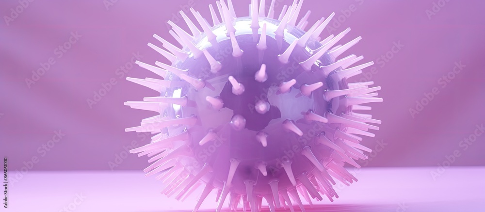 A spiky rubber ball resembling a coronavirus rests on a pale purple plastic film with copy space image. A spiky rubber ball resembling a coronavirus rests on a pale purple plastic film with copy space image.