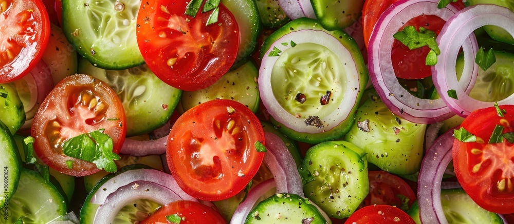 Close-up copy space image of a vibrant, fresh vegetable salad, featuring green cucumbers, juicy tomatoes, and crisp onions all arranged neatly in a flat lay. Close-up copy space image of a vibrant, fresh vegetable salad, featuring green cucumbers, juicy tomatoes, and crisp onions all arranged neatly in a flat lay.