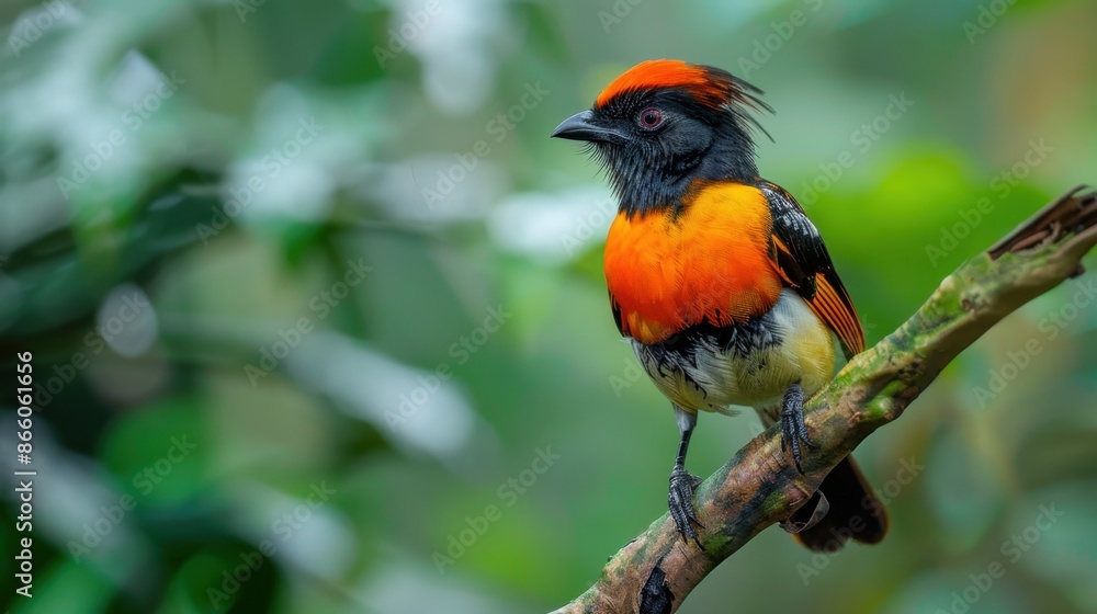 A Hooded Pitohui perches on a branch in a Papua New Guinea rainforest, its striking plumage vivid against the lush greenery. This bird's toxic nature adds to its mystique. A Hooded Pitohui perches on a branch in a Papua New Guinea rainforest, its striking plumage vivid against the lush greenery. This bird's toxic nature adds to its mystique.