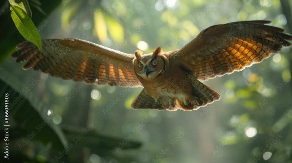 Fototapeta premium A Sunda Colugo glides gracefully between trees in a lush Southeast Asian forest, its winged membrane outstretched against the verdant canopy.