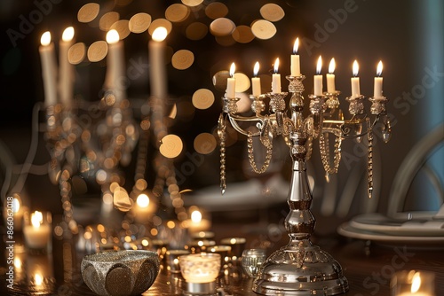 Elegant silver candelabra with burning candles on a set table. Romantic dinner, celebration, or holiday concept.