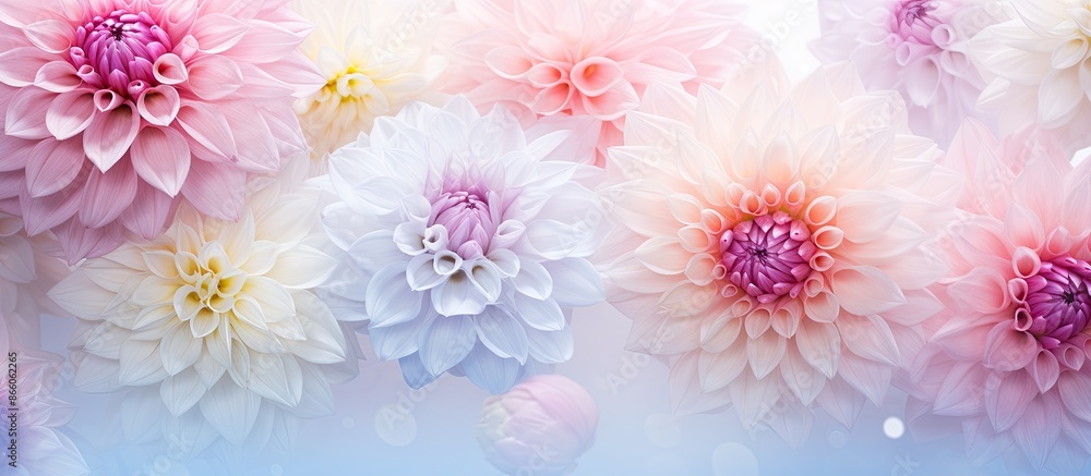 Soft pastel card with delicate roses and dahlias framing, creating a festive blooming background with selective focus and toned colors, ideal for a copy space image. Soft pastel card with delicate roses and dahlias framing, creating a festive blooming background with selective focus and toned colors, ideal for a copy space image.